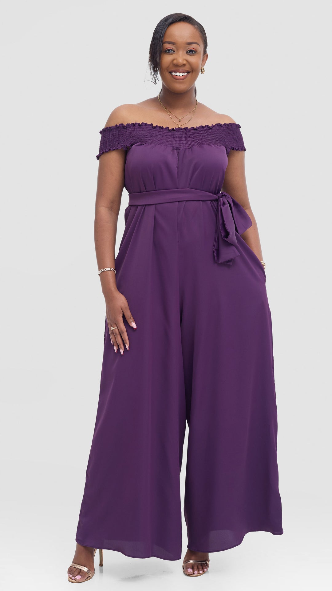 Vivo Alek Shirred Off Shoulder Jumpsuit in Crepe - Purple