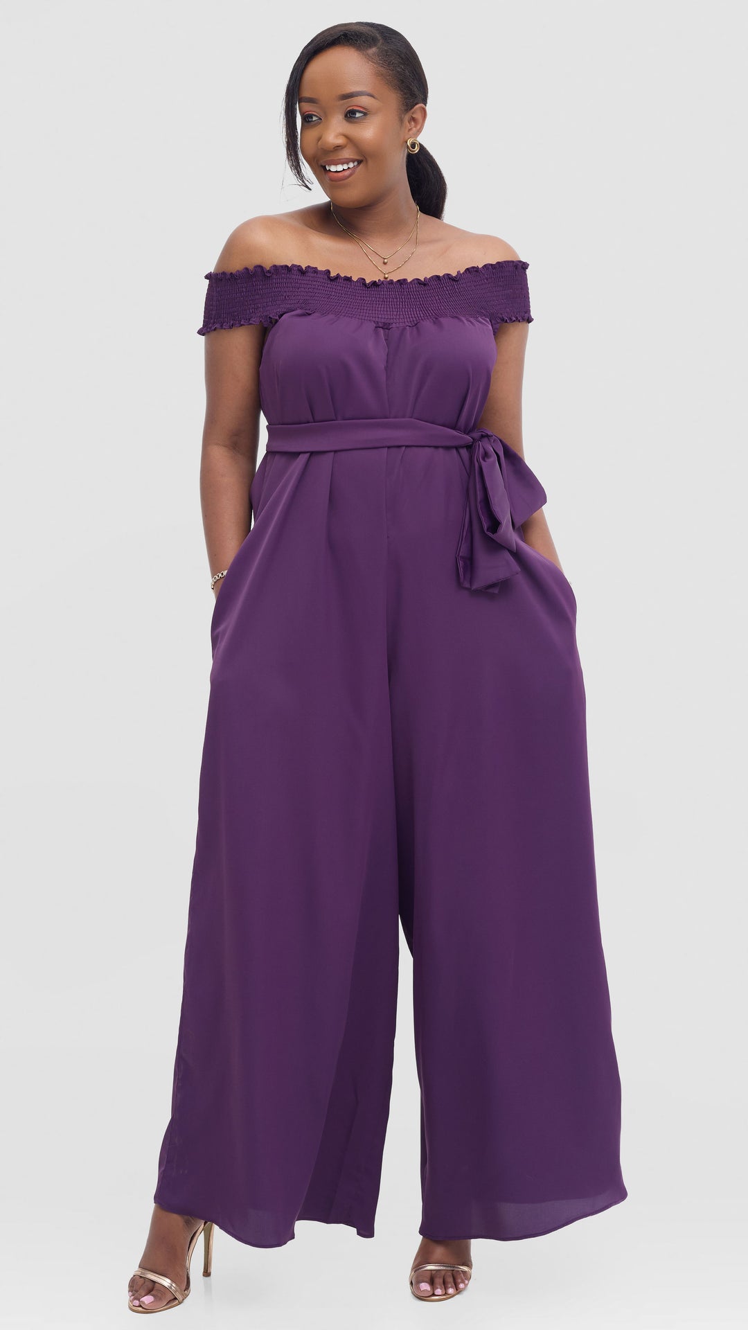Vivo Alek Shirred Off Shoulder Jumpsuit in Crepe - Purple