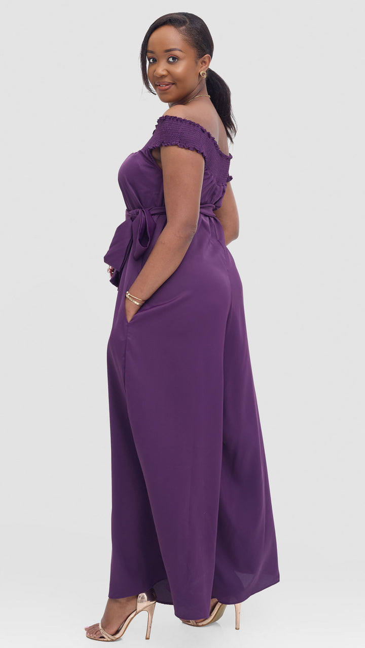 Vivo Alek Shirred Off Shoulder Jumpsuit in Crepe - Purple