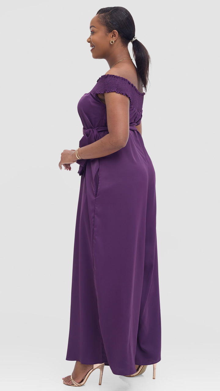Vivo Alek Shirred Off Shoulder Jumpsuit in Crepe - Purple