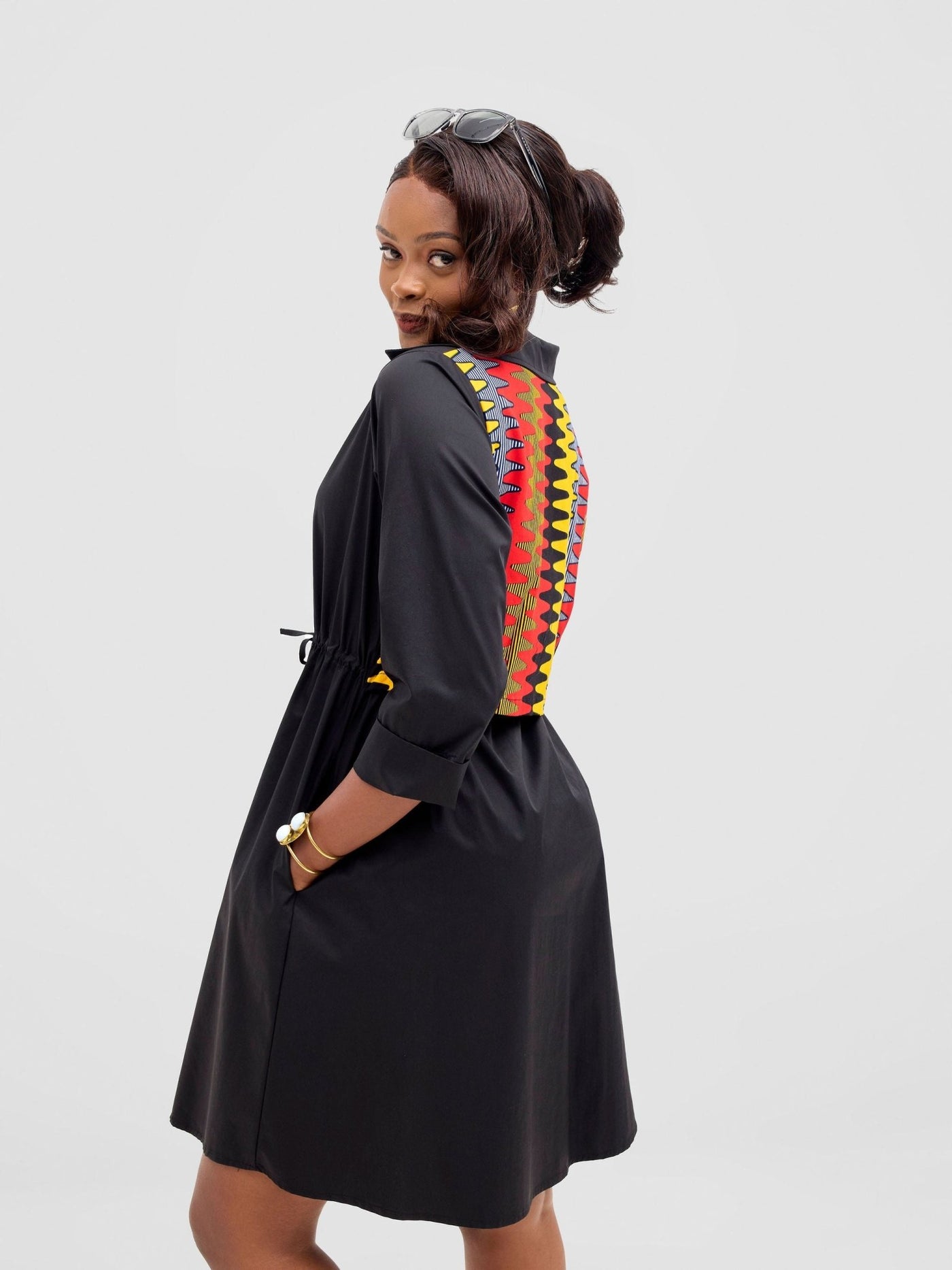 Safari Lira Drawstring Knee Length Dress - Black + Bana Print - Shopzetu