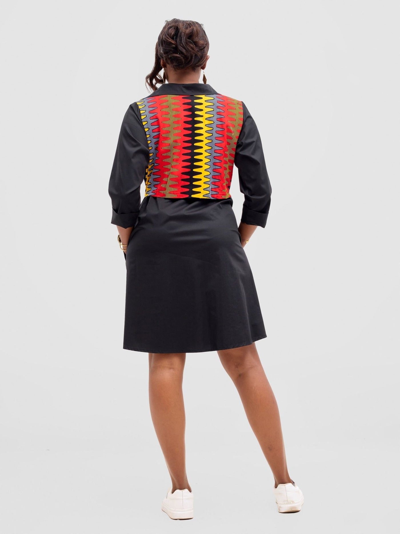 Safari Lira Drawstring Knee Length Dress - Black + Bana Print - Shopzetu