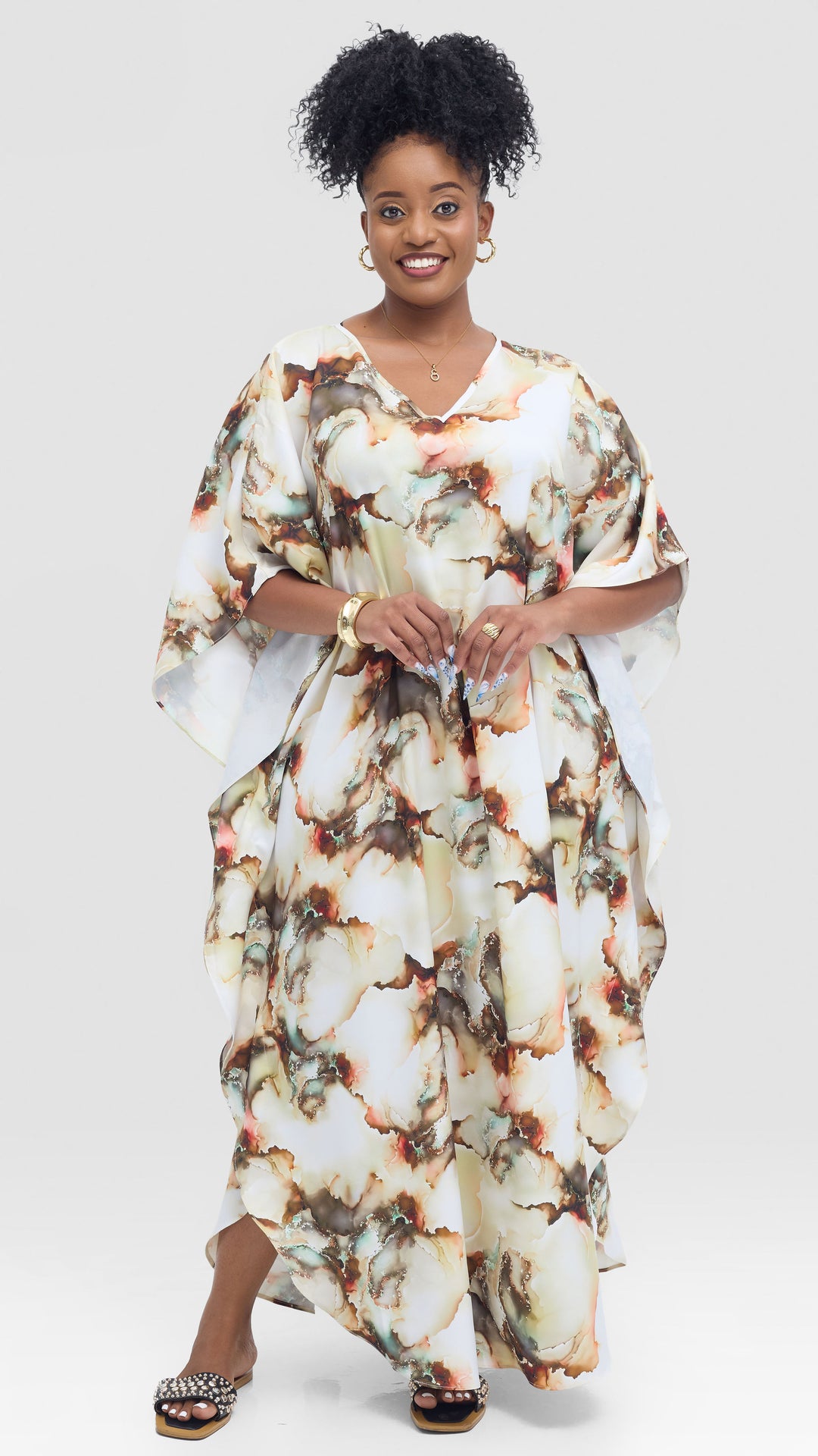 Vivo Amai Maxi Kaftan In Textured Satin -Cream / Hunters Print