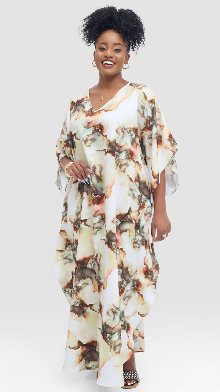 Vivo Amai Maxi Kaftan In Textured Satin -Cream / Hunters Print