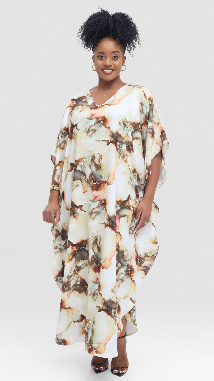 Vivo Amai Maxi Kaftan In Textured Satin -Cream / Hunters Print
