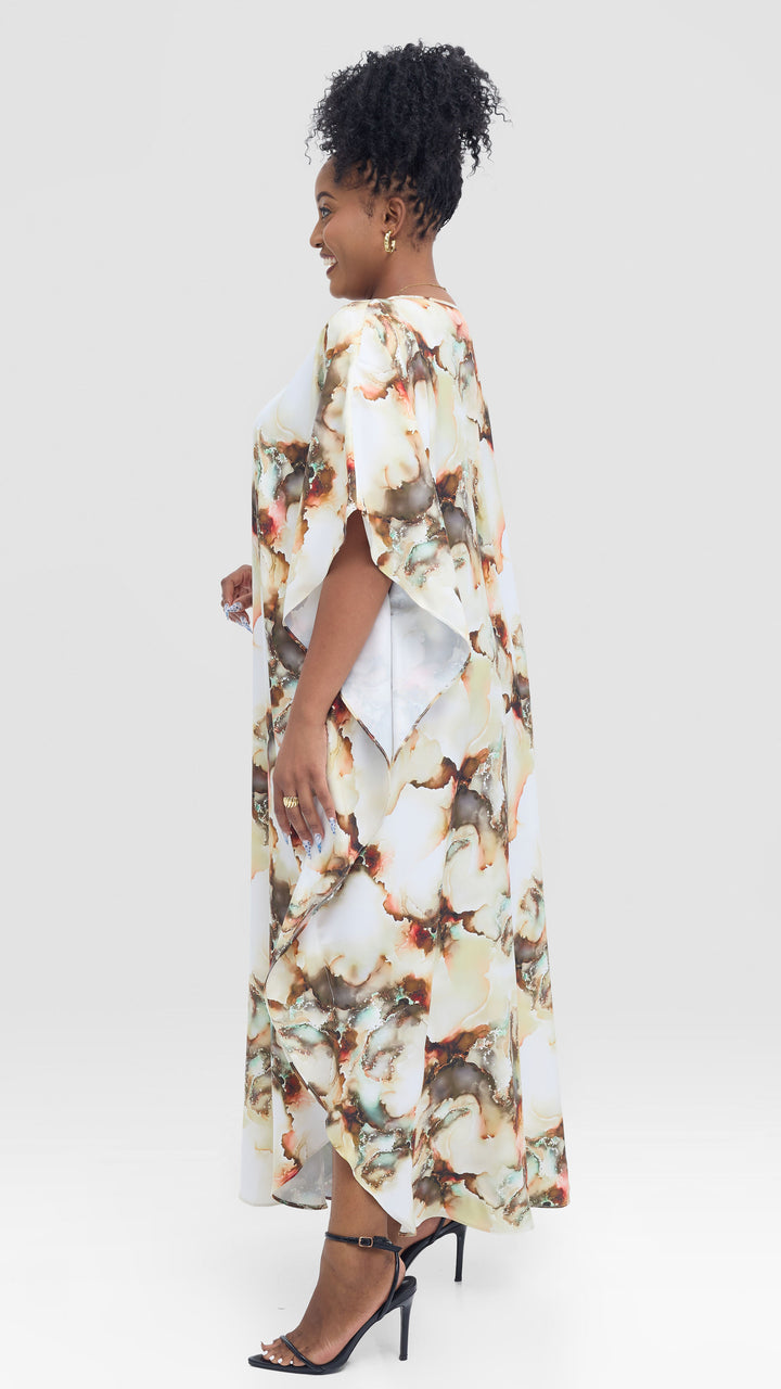 Vivo Amai Maxi Kaftan In Textured Satin -Cream / Hunters Print