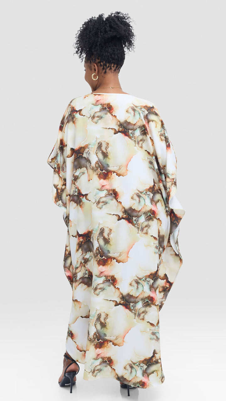 Vivo Amai Maxi Kaftan In Textured Satin -Cream / Hunters Print