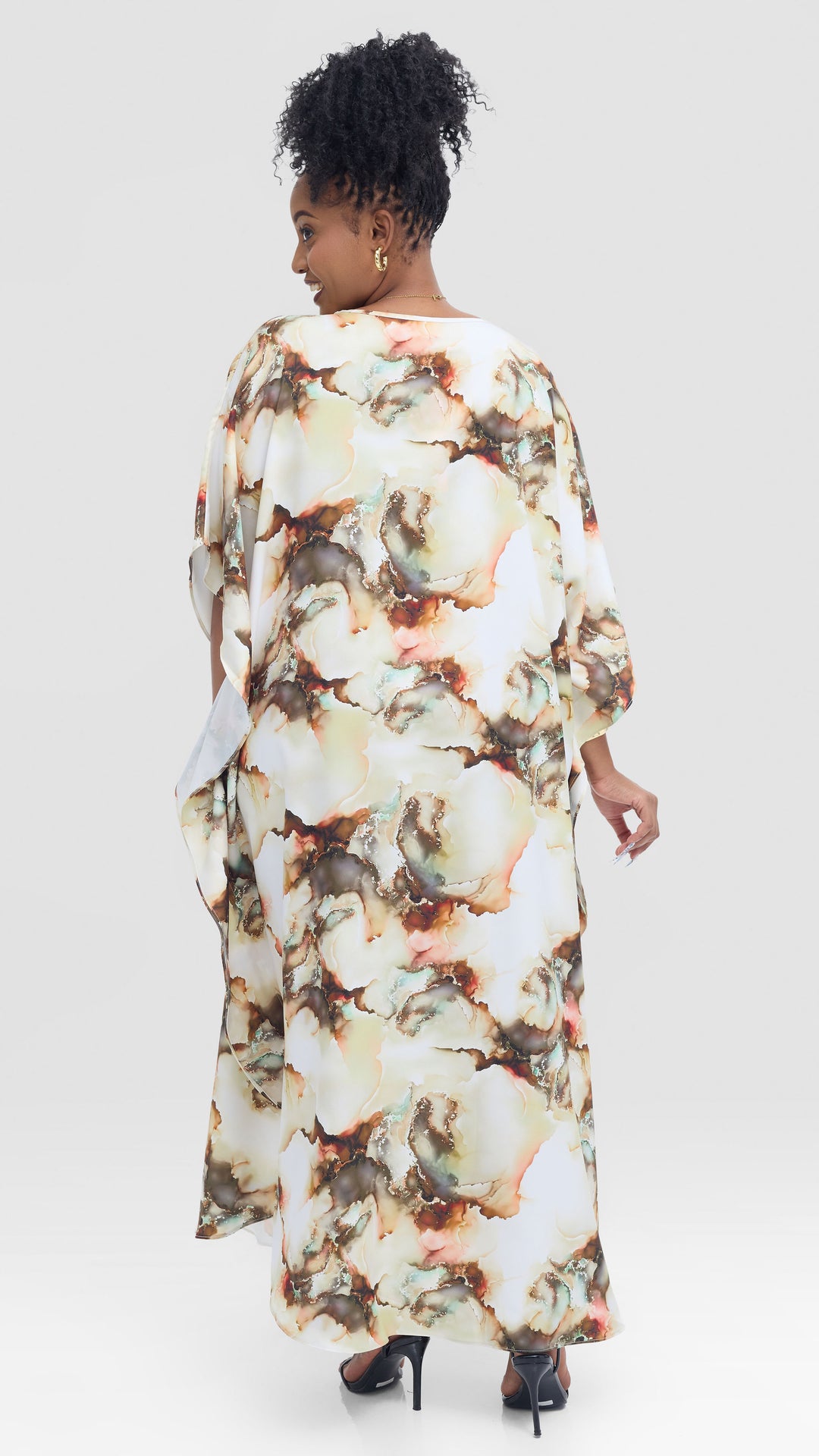Vivo Amai Maxi Kaftan In Textured Satin -Cream / Hunters Print