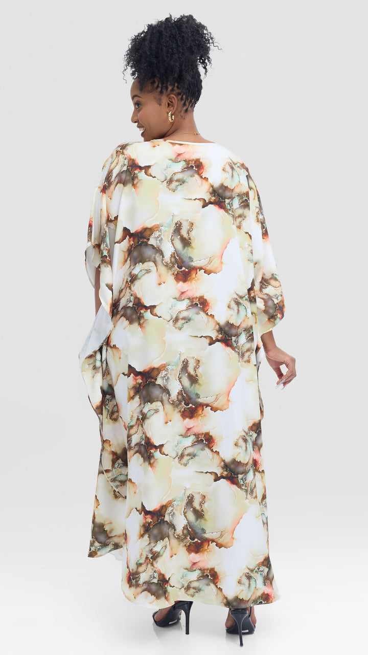 Vivo Amai Maxi Kaftan In Textured Satin -Cream / Hunters Print