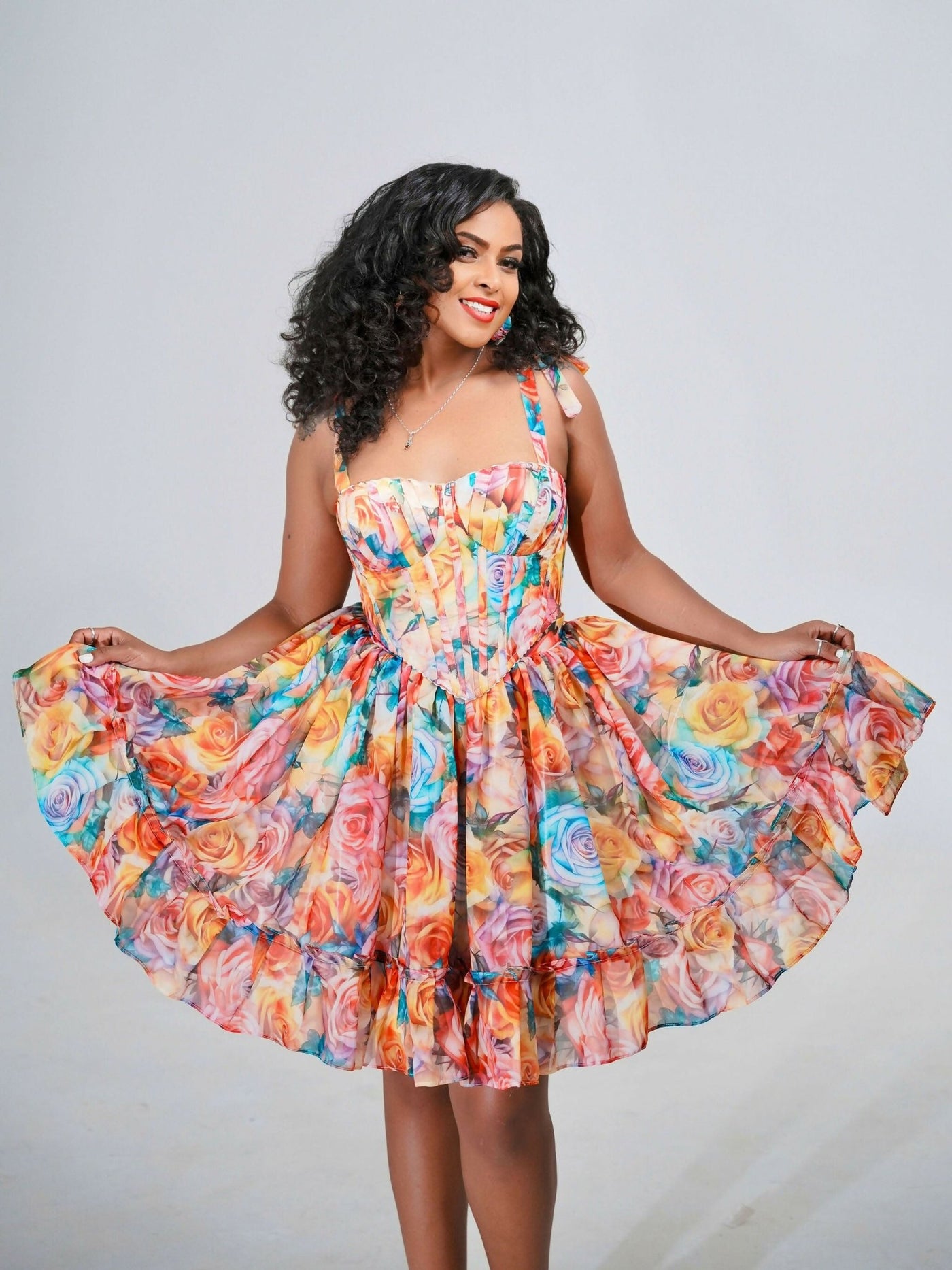 Misstcal Backless Lace Up Adjustable Chiffon Corset Set - Floral Print - Shopzetu