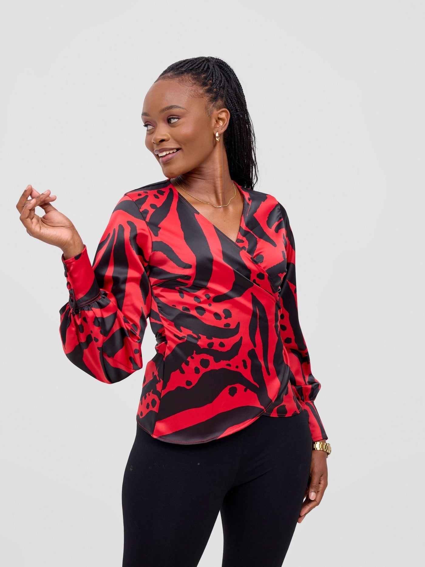 Vivo Merika Satin Wrap Top - Red / Black Ridi Print - Shopzetu