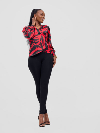 Vivo Merika Satin Wrap Top - Red / Black Ridi Print - Shopzetu