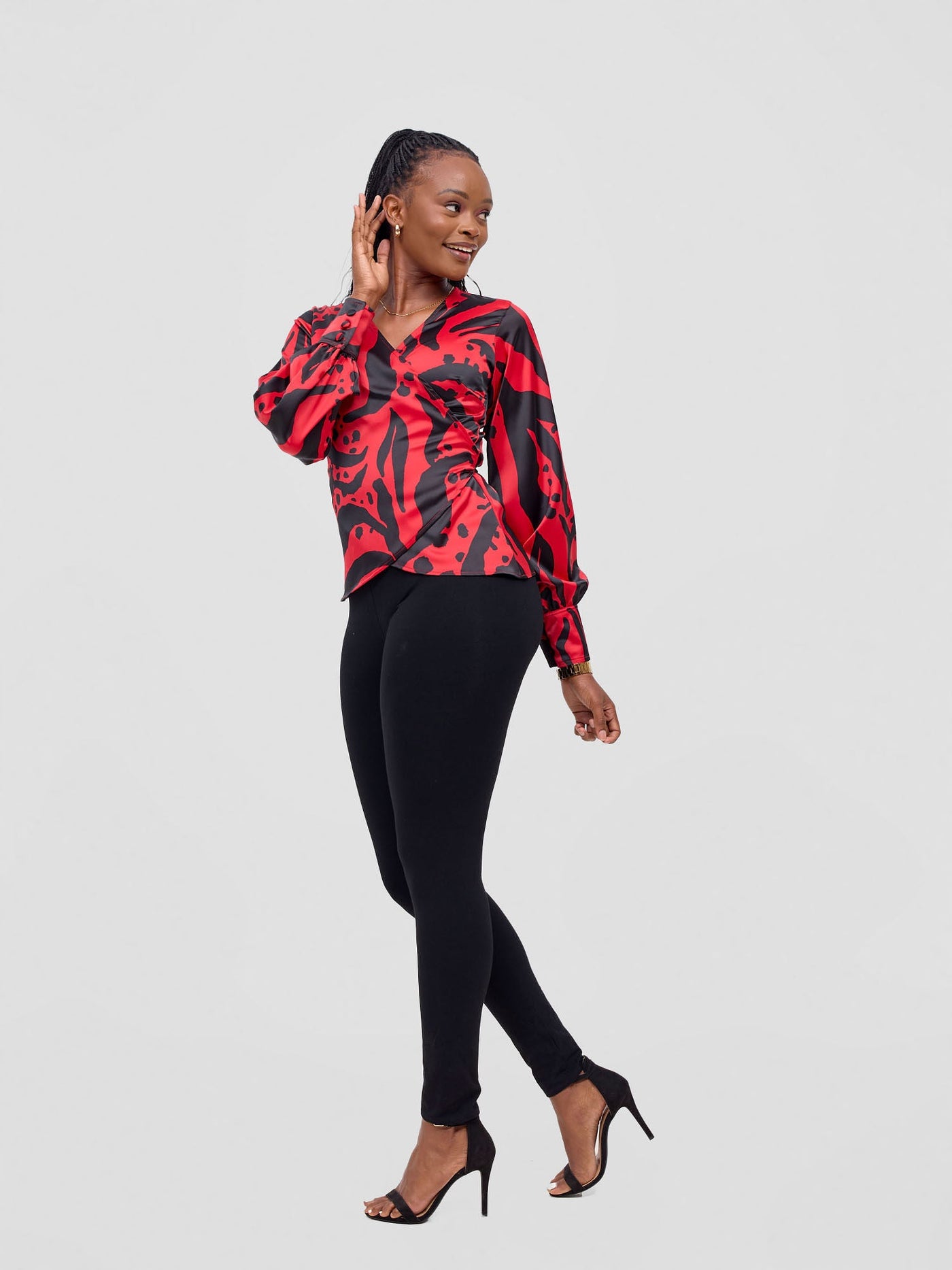 Vivo Merika Satin Wrap Top - Red / Black Ridi Print - Shopzetu