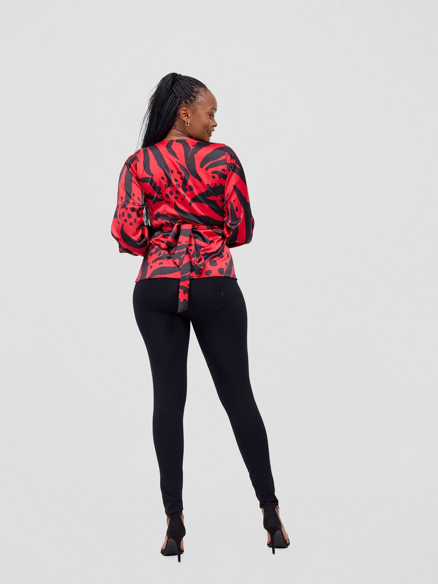 Vivo Merika Satin Wrap Top - Red / Black Ridi Print - Shopzetu