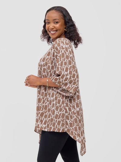 Vivo Sana Asymmetrical Angel Sleeve Top - Brown / White Print - Shopzetu