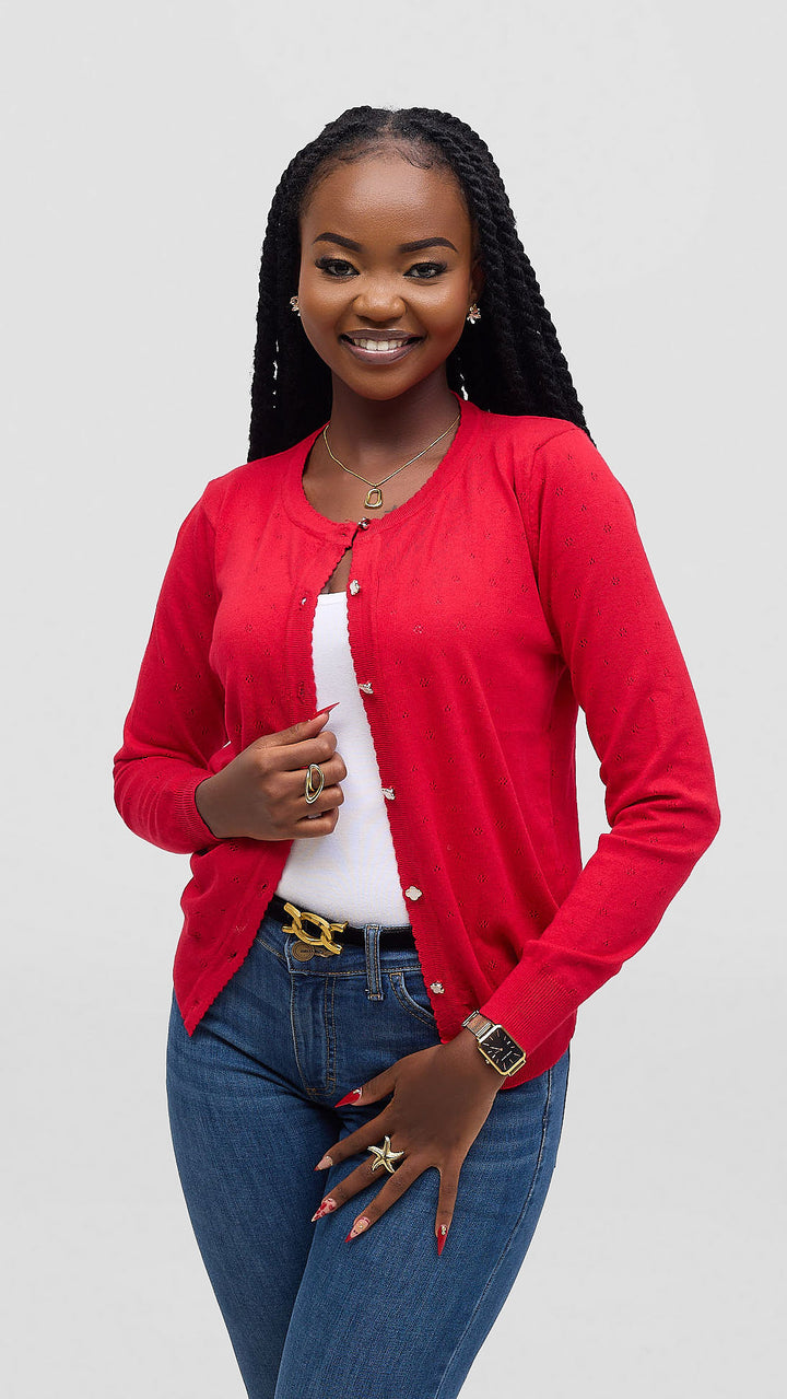 The Fashion Frenzy Pointelle Button Through Knit Cardigan – Red
