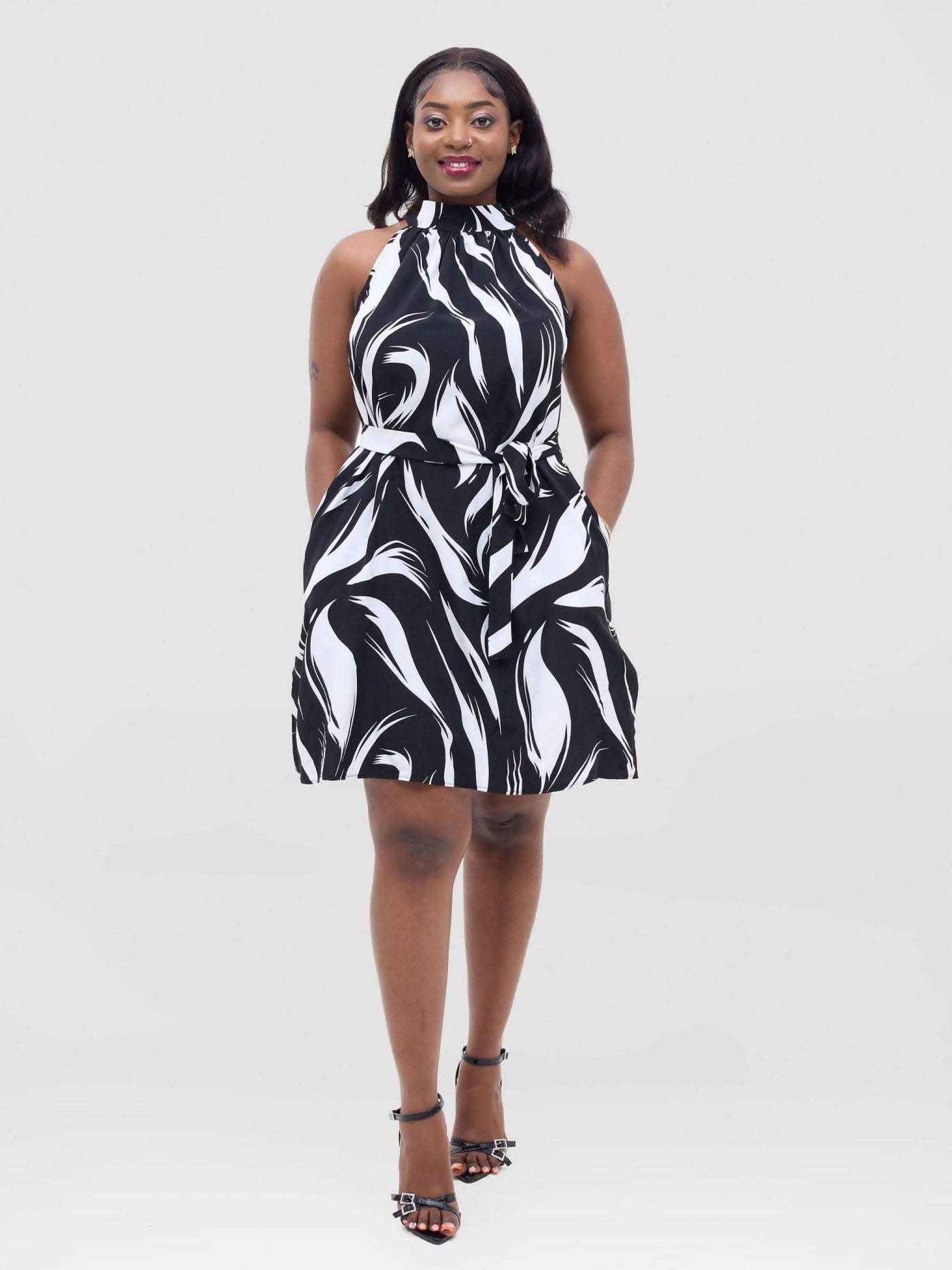 Anel's Knitwear Halter Neck Dress - Black / White Print - Shopzetu