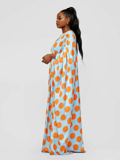 Tuli Nzilani One Shoulder Blue With Mustard Polka Dot Kaftan - Blue / Mustard - Shopzetu