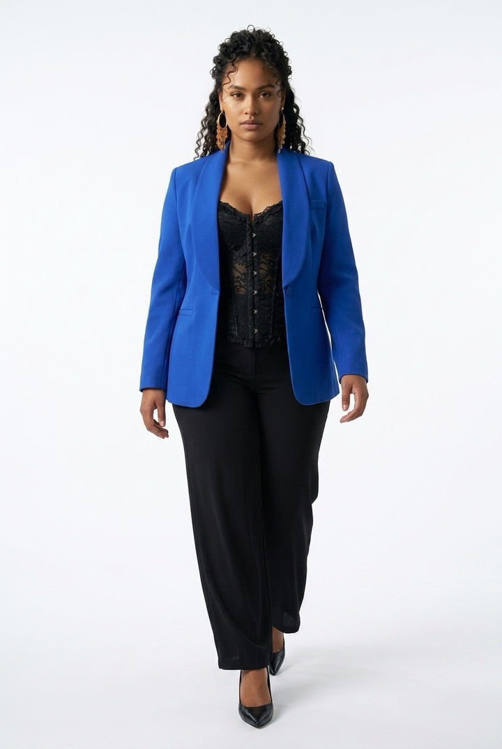 Stylish Sisters Shawl-Collar Belted Tailored Tuxedo Blazer - Royal Blue