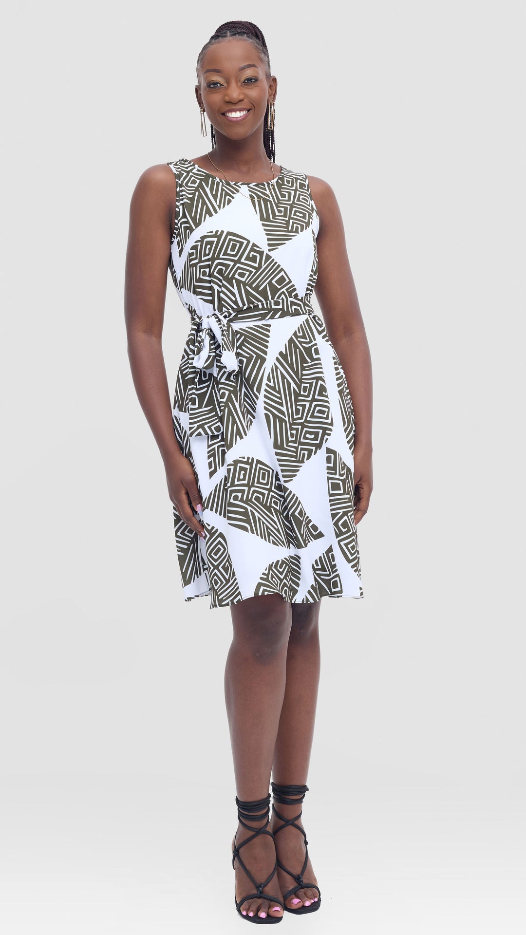 Vivo Basic Sleeveless Tent Dress in Crepe - White / Dark Hunters Print