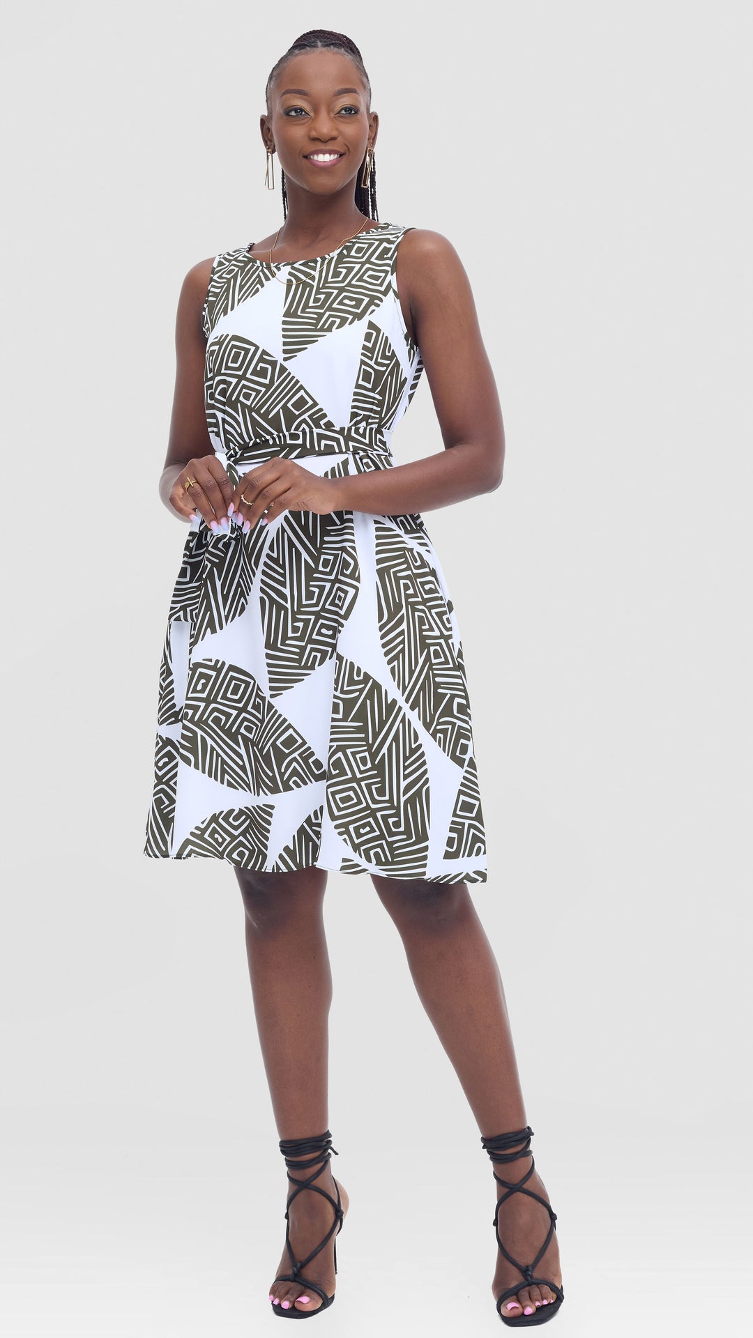 Vivo Basic Sleeveless Tent Dress in Crepe - White / Dark Hunters Print