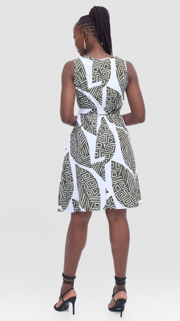 Vivo Basic Sleeveless Tent Dress in Crepe - White / Dark Hunters Print