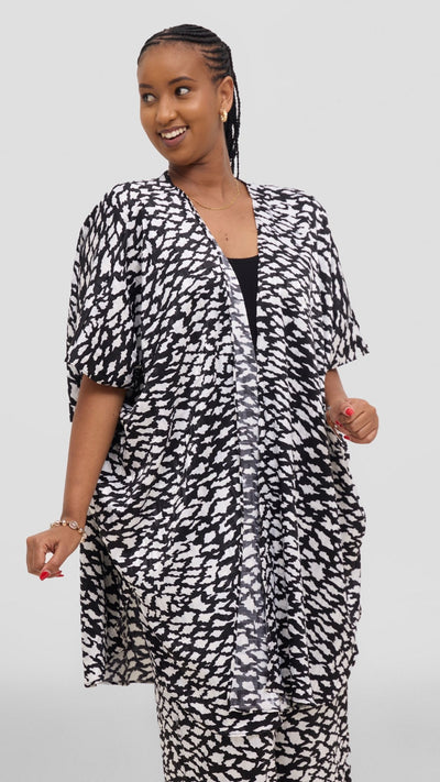 Vivo Samira Wide Satin Kimono - White / Black Print - Shopzetu