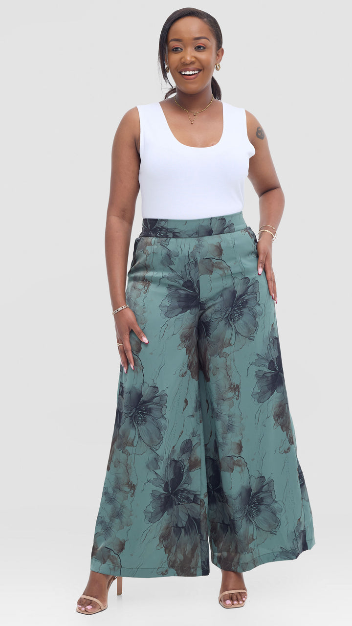 Vivo Wide Leg Pants in Textured Satin - Dusty Green / Black Print