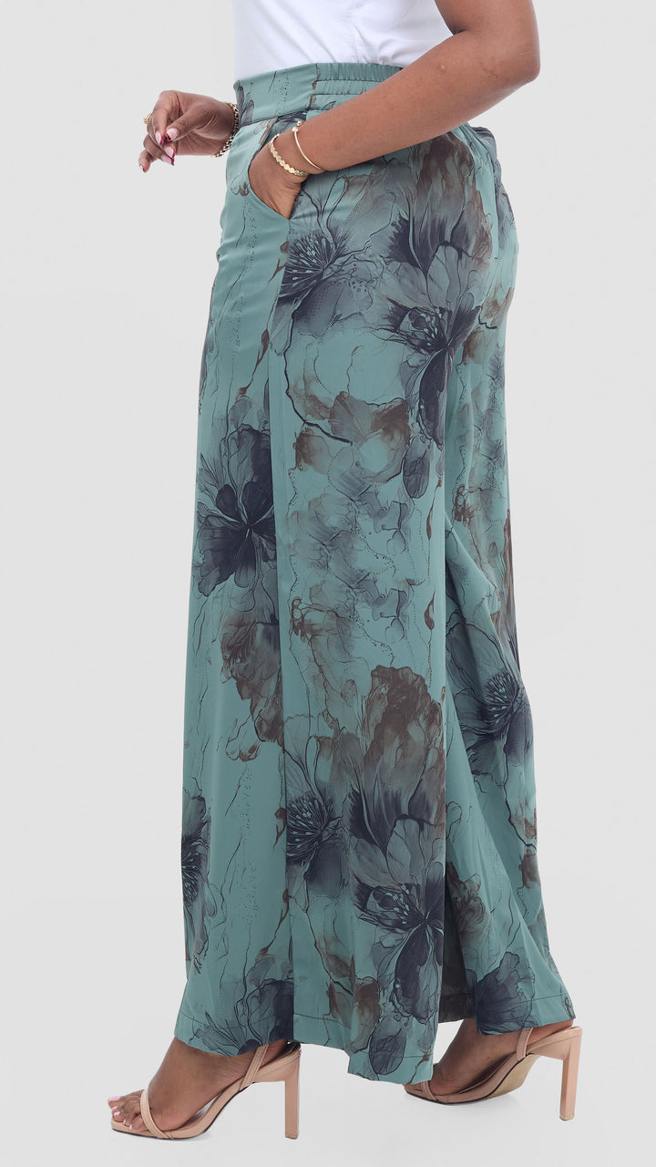 Vivo Wide Leg Pants in Textured Satin - Dusty Green / Black Print