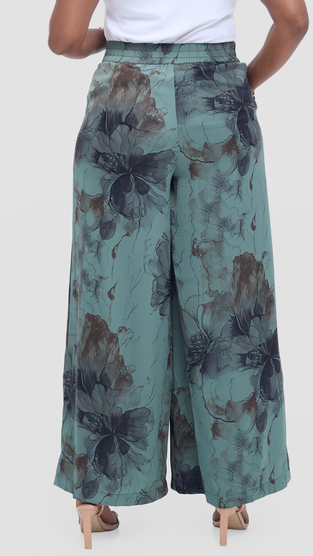 Vivo Wide Leg Pants in Textured Satin - Dusty Green / Black Print