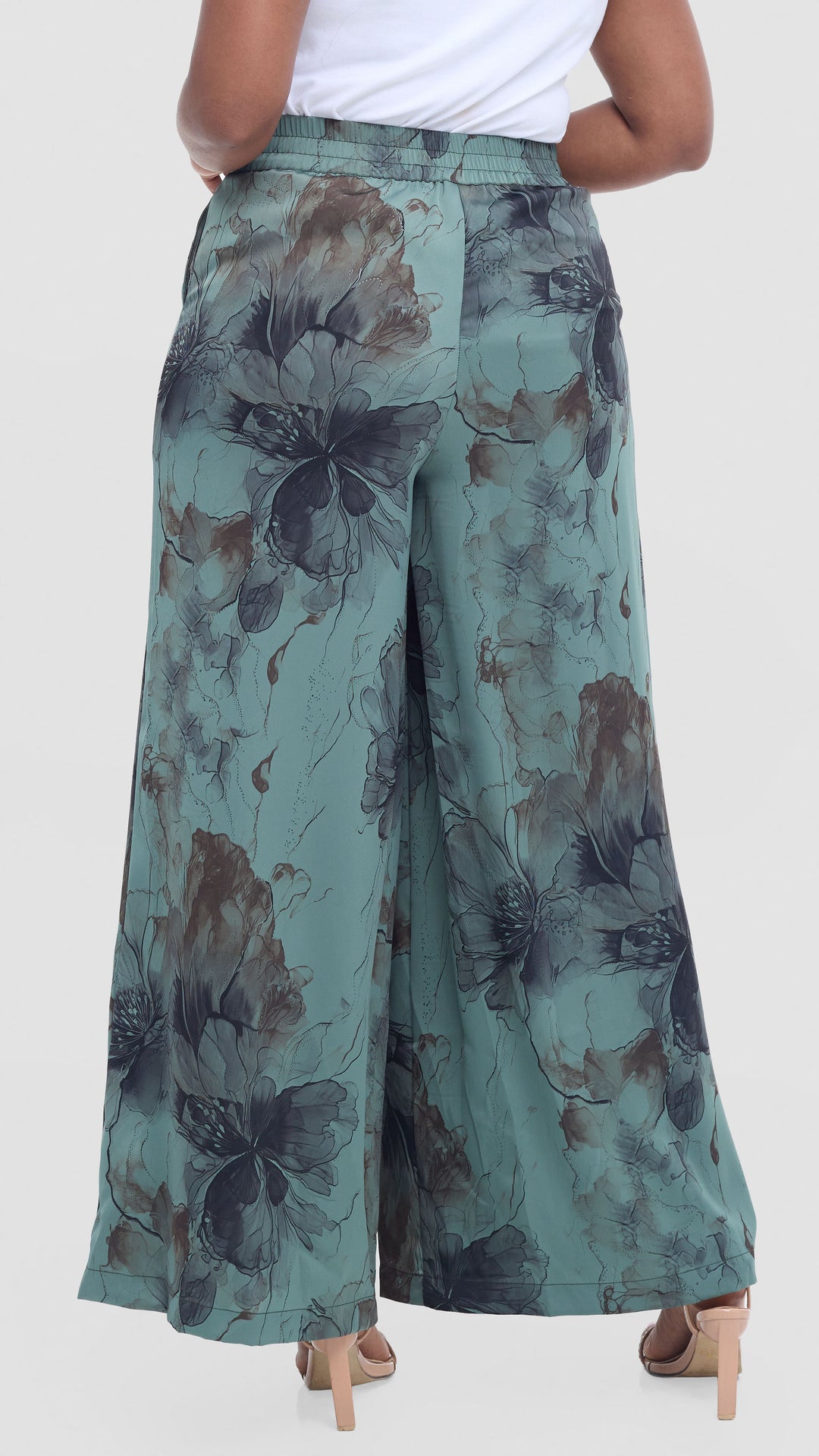 Vivo Wide Leg Pants in Textured Satin - Dusty Green / Black Print