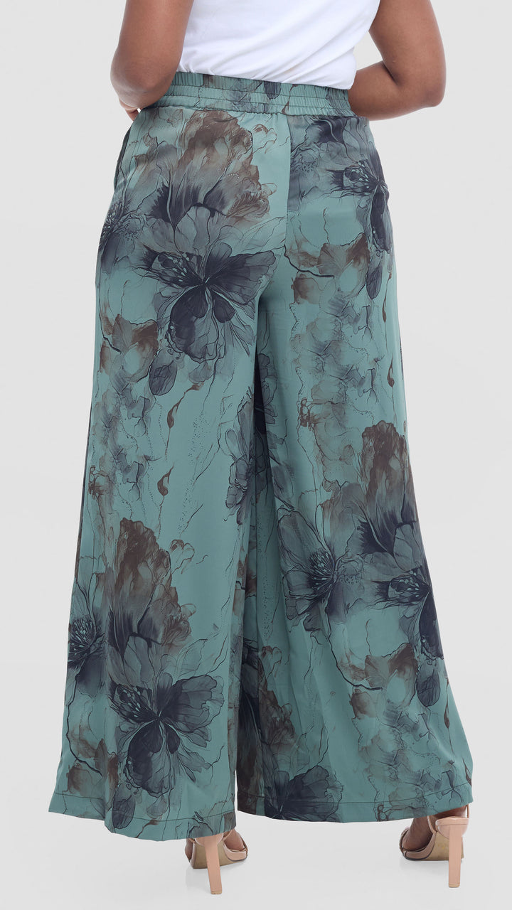 Vivo Wide Leg Pants in Textured Satin - Dusty Green / Black Print