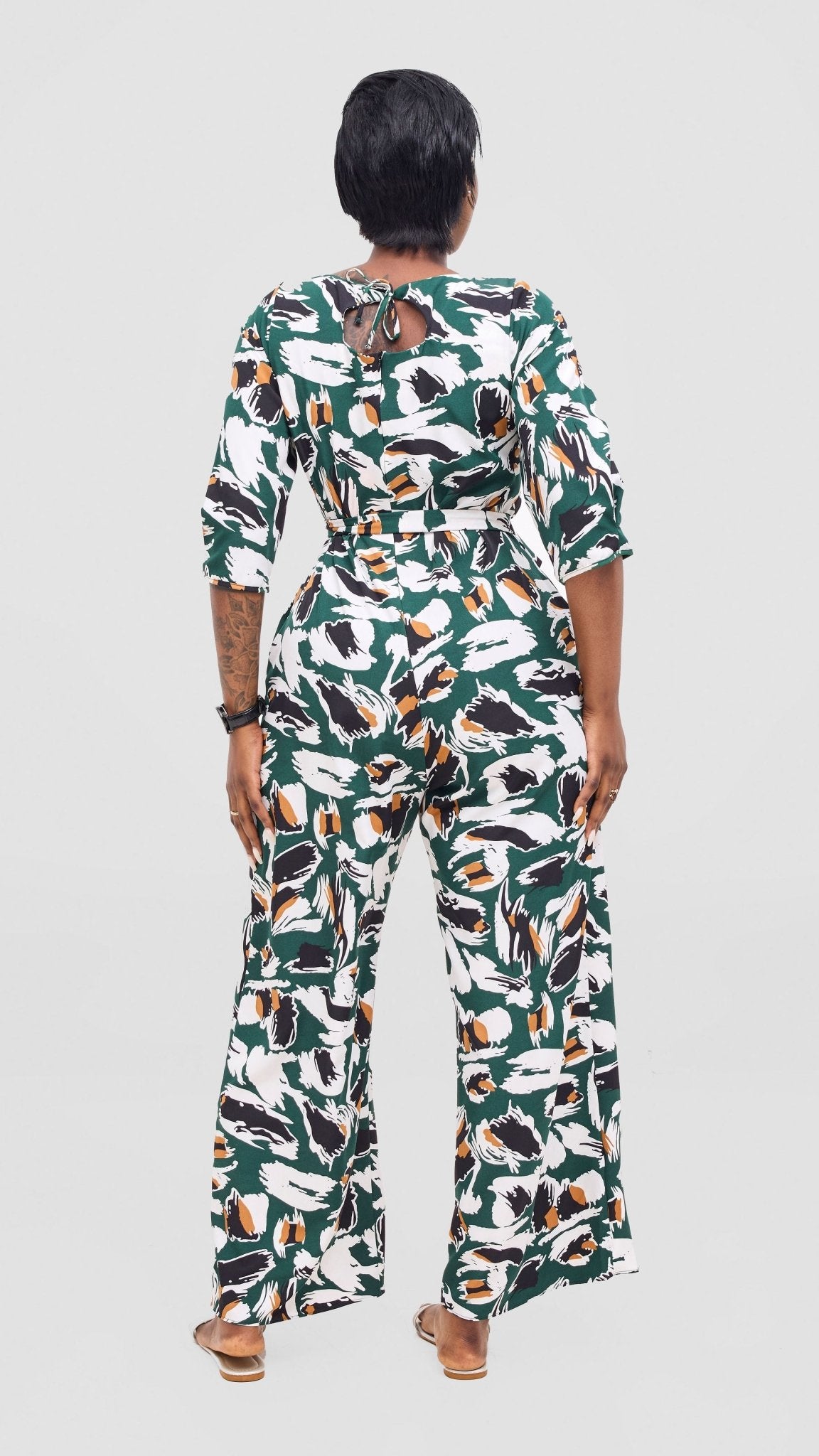 Vivo Zahari Sweatheart Neck Jumpsuit - Green / Black Print - Shopzetu