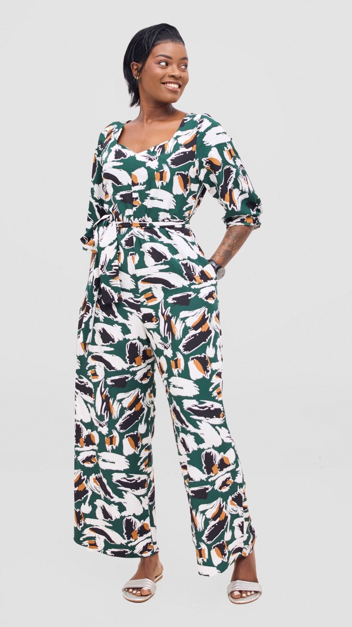 Vivo Zahari Sweatheart Neck Jumpsuit - Green / Black Print - Shopzetu
