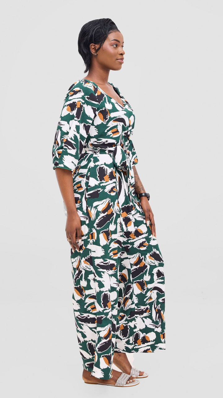 Vivo Zahari Sweatheart Neck Jumpsuit - Green / Black Print