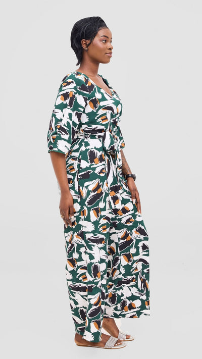 Vivo Zahari Sweatheart Neck Jumpsuit - Green / Black Print - Shopzetu