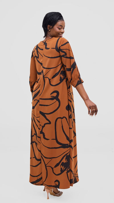 Vivo Hadiya Tie Maxi Dress - Brown / Black Luwe Print - Shopzetu