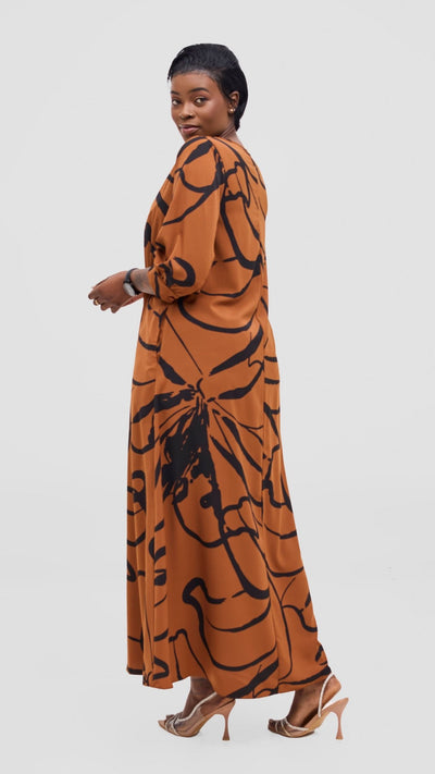 Vivo Hadiya Tie Maxi Dress - Brown / Black Luwe Print - Shopzetu