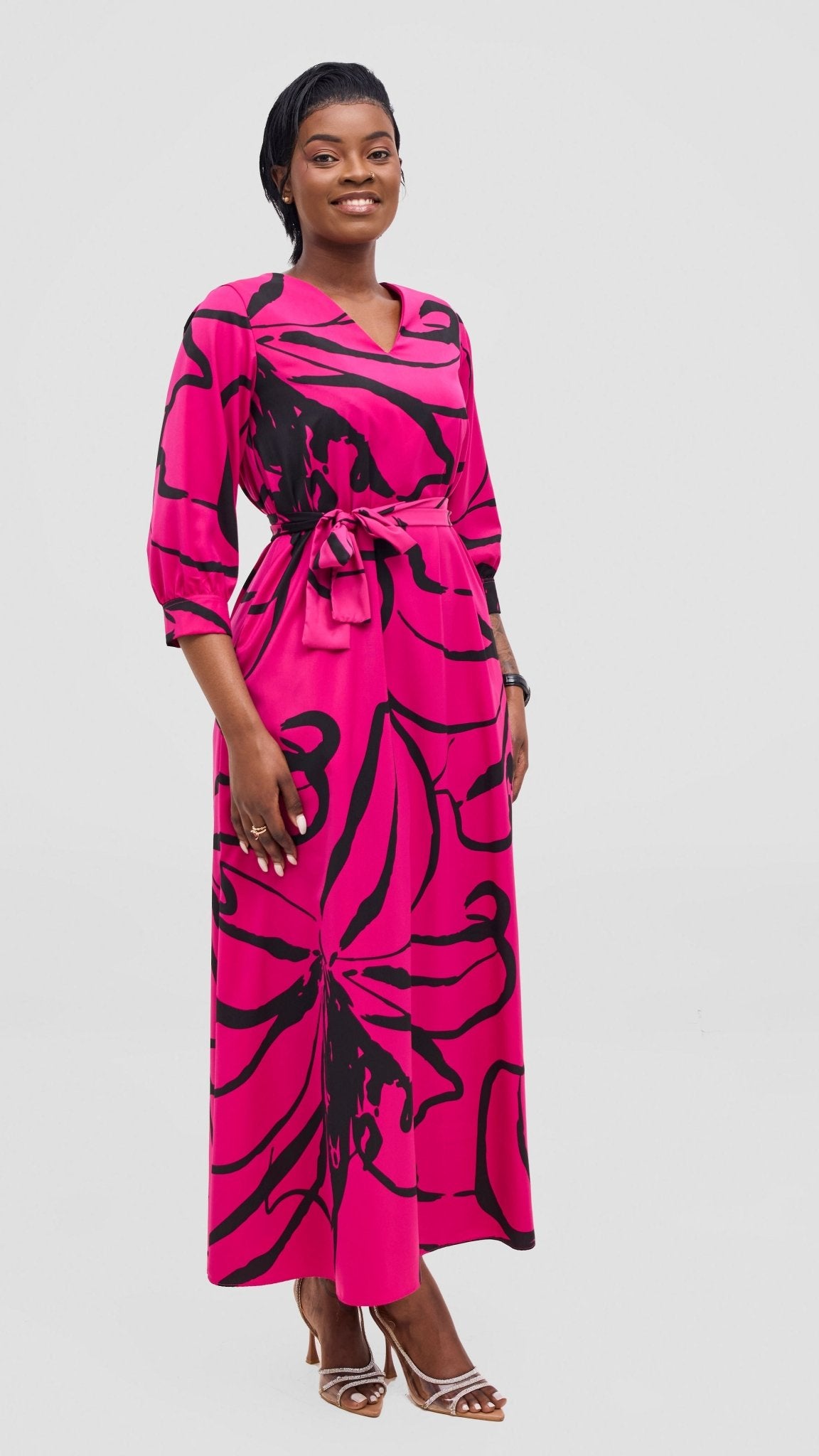Vivo Hadiya Tie Maxi Dress - Hot Pink / Black Luwe Print - Shopzetu