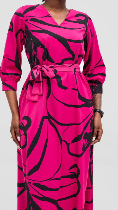 Vivo Hadiya Tie Maxi Dress - Hot Pink / Black Luwe Print - Shopzetu