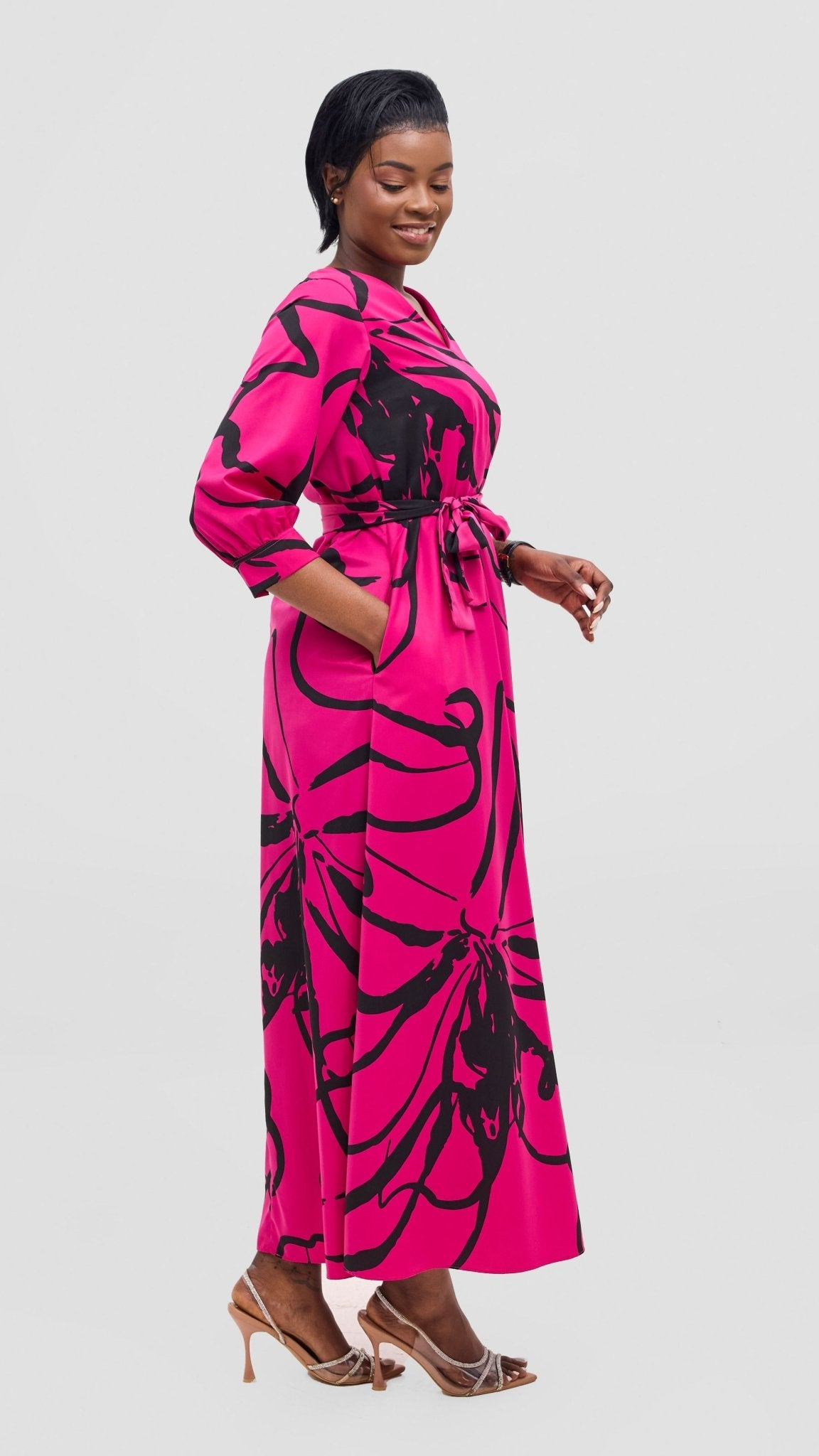 Vivo Hadiya Tie Maxi Dress - Hot Pink / Black Luwe Print - Shopzetu