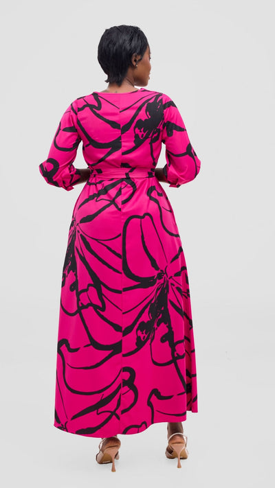 Vivo Hadiya Tie Maxi Dress - Hot Pink / Black Luwe Print - Shopzetu