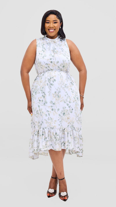 Vivo Samira Midi Dress - Grey / Olive Print - Shopzetu