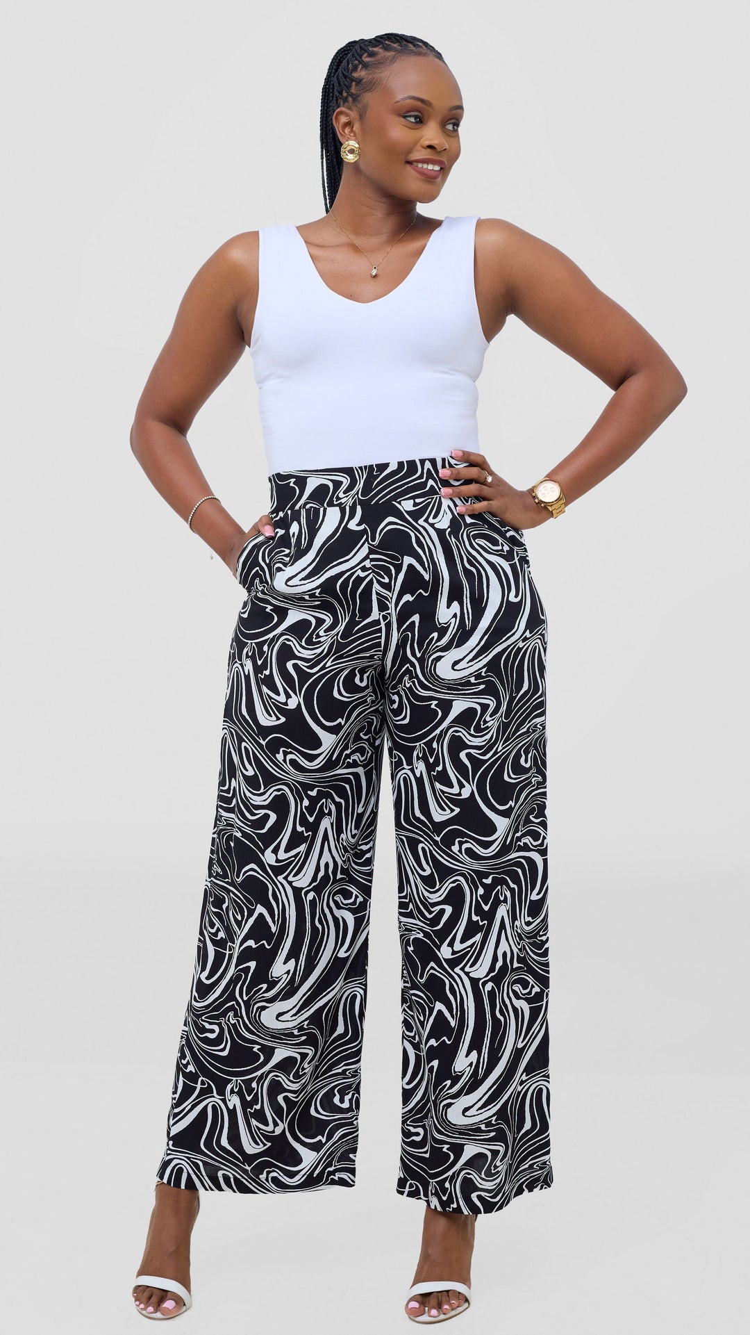 Vivo Samira Pants in Rayon - Black / White Print