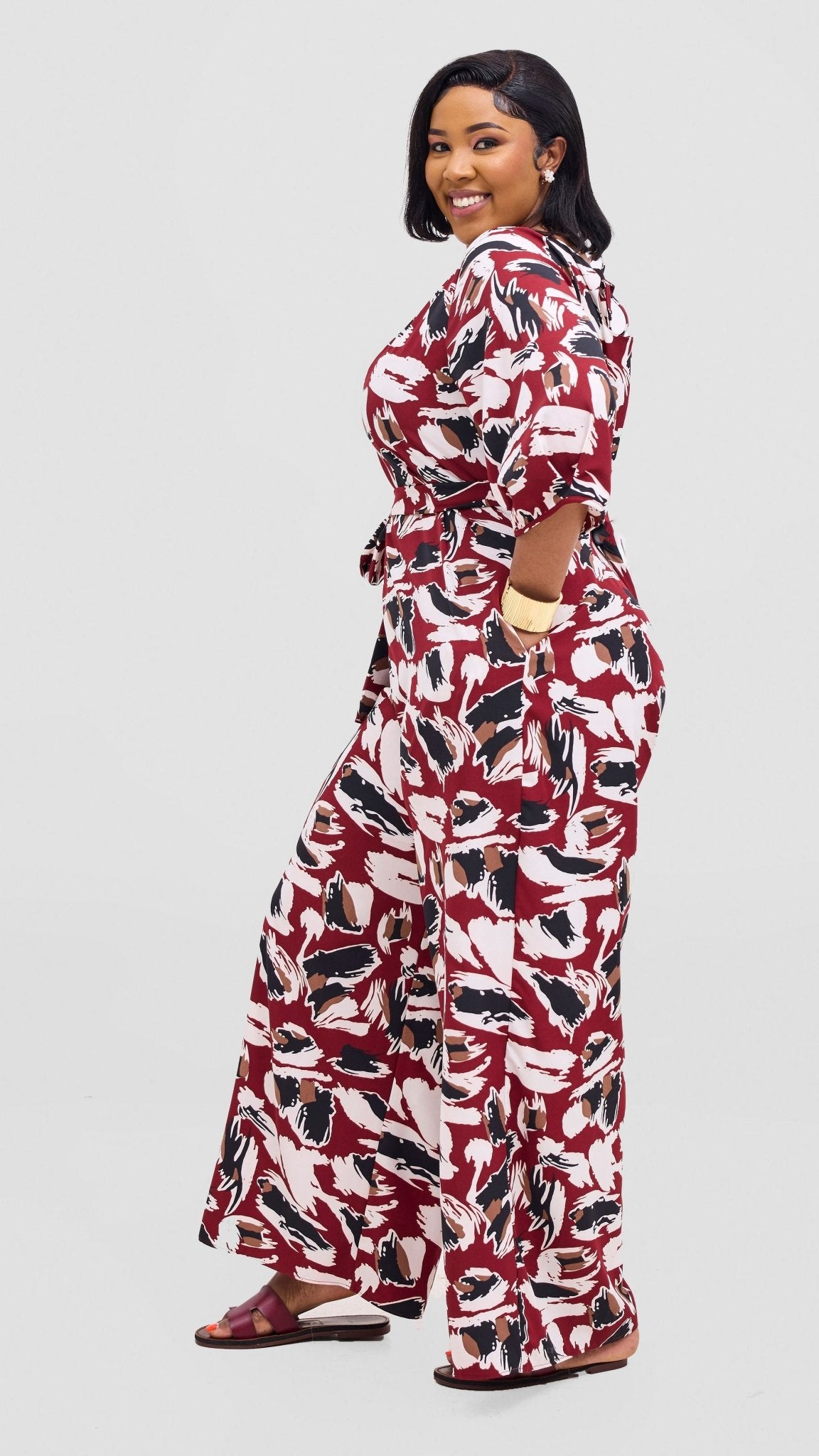 Vivo Zahari Sweatheart Neck Jumpsuit - Maroon / Black Print - Shopzetu