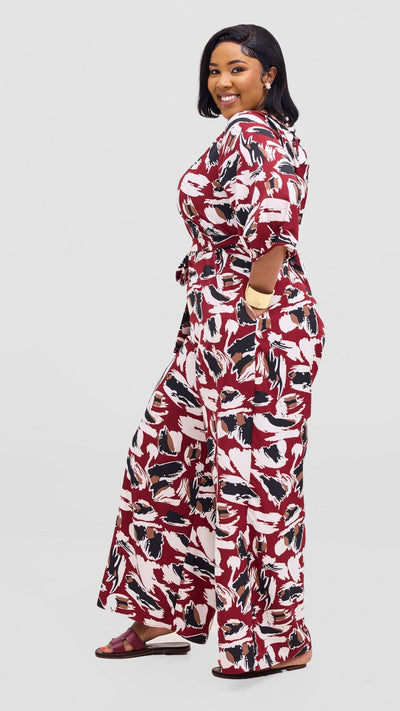 Vivo Zahari Sweatheart Neck Jumpsuit - Maroon / Black Print - Shopzetu