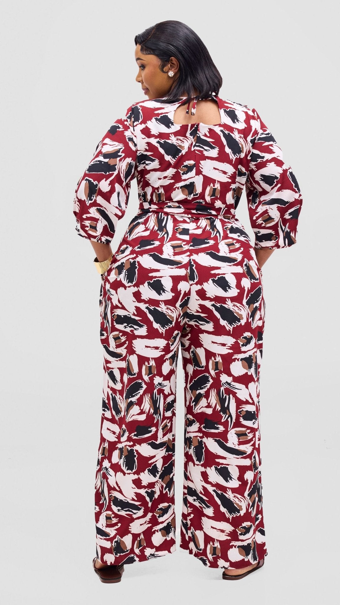 Vivo Zahari Sweatheart Neck Jumpsuit - Maroon / Black Print - Shopzetu