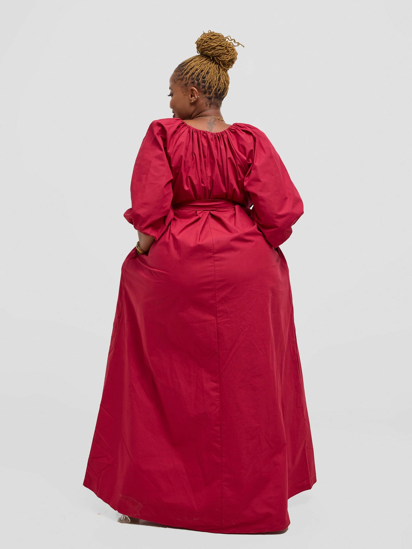 Eyane Africa Upeo Puff Sleeve Dress - Maroon - Shopzetu