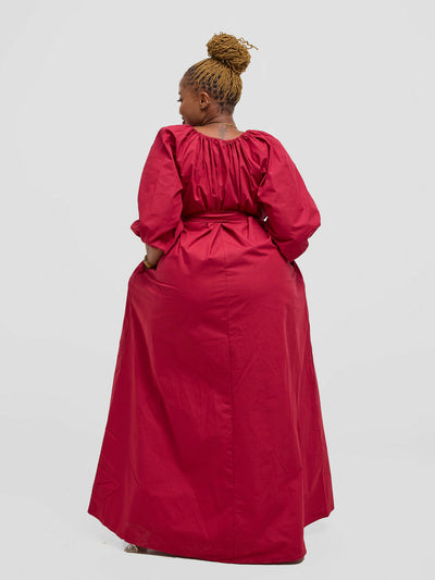 Eyane Africa Upeo Puff Sleeve Dress - Maroon - Shopzetu