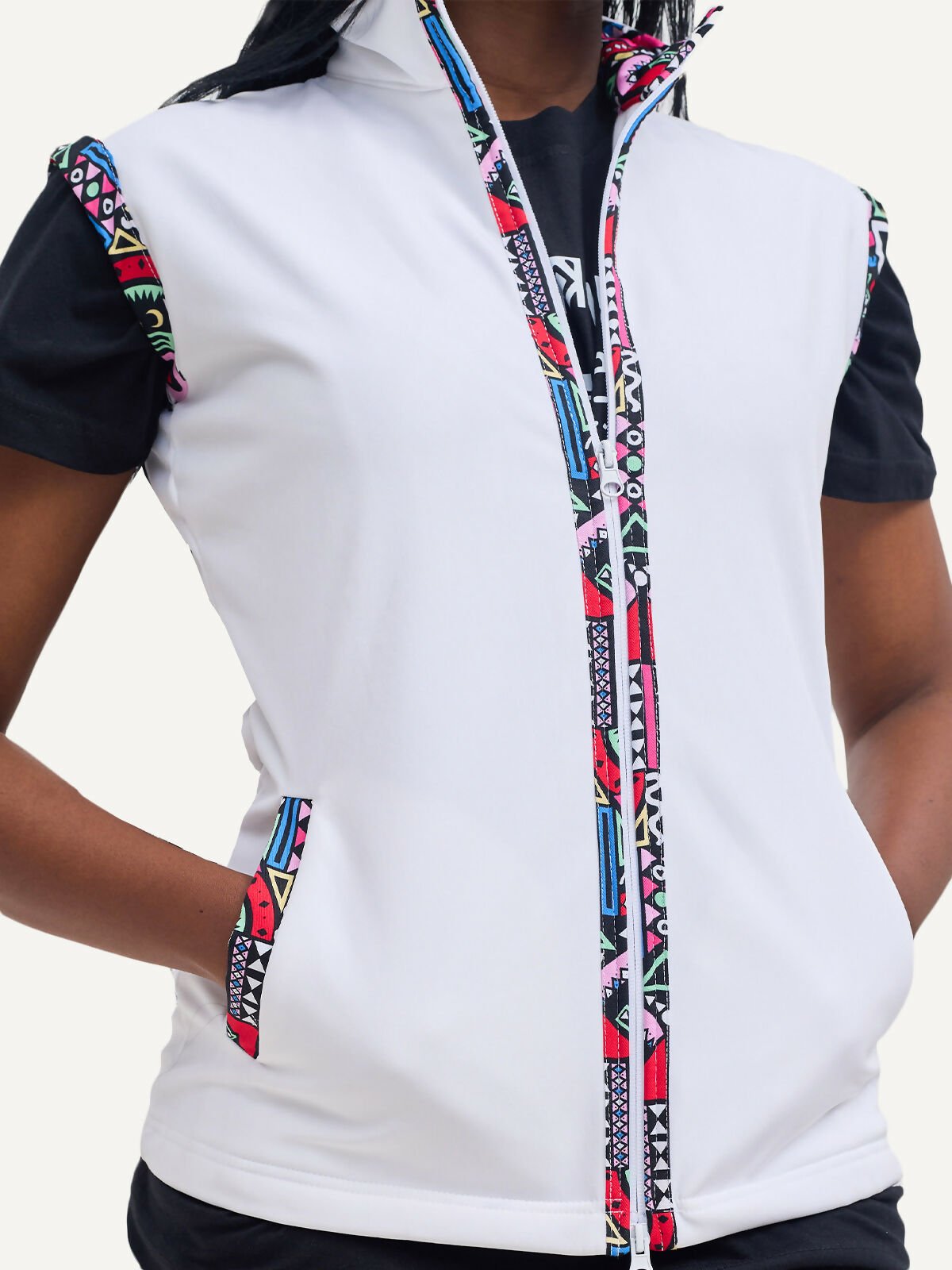 Kitu Kali Ladies Softshell Sleeveless Jacket - White / Pink Tribal - Shopzetu